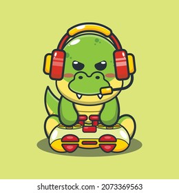 Cute dinosaur gaming. Cute animal cartoon illustration. 