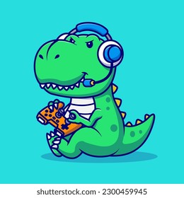 Cute Dinosaur Gaming Cartoon Vector Icon Illustration. Animal Technology Icon Concept Isolated Premium Vector. Flat Cartoon Style