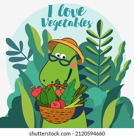 Cute dinosaur in the garden. Funny tyrannosaur with vegetables. Summer landscape background. Eco friendly ecology concept stock illustration