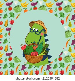 Cute dinosaur in the garden. Funny tyrannosaur with vegetables. Summer landscape background. Eco friendly ecology concept stock illustration