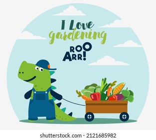 Cute dinosaur in the garden. Funny tyrannosaur with wagon cart and fresh vegetables. Summer landscape background. Eco friendly ecology concept