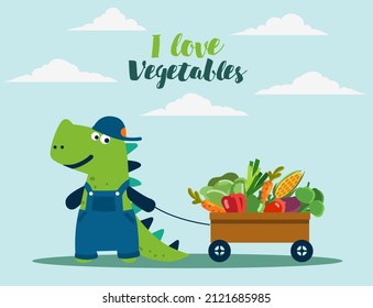 Cute dinosaur in the garden. Funny tyrannosaur with wagon cart and fresh vegetables. Summer landscape background. Eco friendly ecology concept