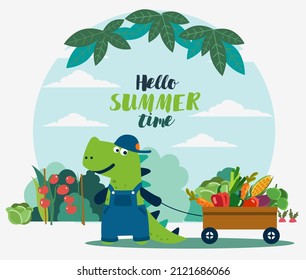 Cute dinosaur in the garden. Funny tyrannosaur with wagon cart and fresh vegetables. Summer landscape background. Eco friendly ecology concept