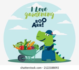 Cute dinosaur in the garden. Funny tyrannosaur with wheelbarrow and fresh vegetables. Summer landscape background