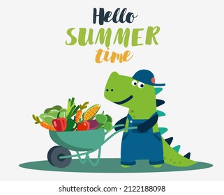 Cute dinosaur in the garden. Funny tyrannosaur with wheelbarrow and fresh vegetables. Summer landscape background