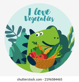 Cute dinosaur in the garden. Funny tyrannosaur with vegetables. Summer landscape background. Eco friendly ecology concept stock illustration