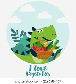 Cute dinosaur in the garden. Funny tyrannosaur with vegetables. Summer landscape background. Eco friendly ecology concept stock illustration