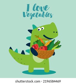 Cute dinosaur in the garden. Funny tyrannosaur with vegetables. Summer landscape background. Eco friendly ecology concept stock illustration