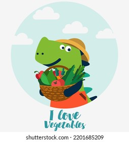 Cute dinosaur in the garden. Funny tyrannosaur with vegetables. Summer landscape background. Eco friendly ecology concept stock illustration