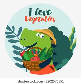 Cute dinosaur in the garden. Funny tyrannosaur with vegetables. Summer landscape background. Eco friendly ecology concept stock illustration