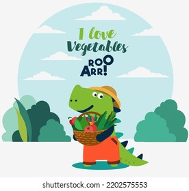 Cute dinosaur in the garden. Funny tyrannosaur with vegetables. Summer landscape background. Eco friendly ecology concept stock illustration