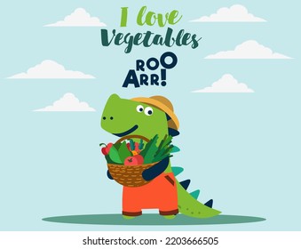 Cute dinosaur in the garden. Funny tyrannosaur with vegetables. Summer landscape background. Eco friendly ecology concept stock illustration