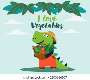 Cute dinosaur in the garden. Funny tyrannosaur with vegetables. Summer landscape background. Eco friendly ecology concept stock illustration