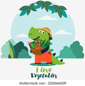 Cute dinosaur in the garden. Funny tyrannosaur with vegetables. Summer landscape background. Eco friendly ecology concept stock illustration