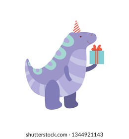 Cute Dinosaur with Gift Box, Funny Colorful Dino Character in Party Hat, Happy Birthday Party Design Element Vector Illustration