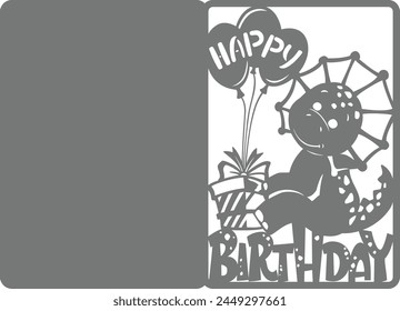 cute dinosaur, gifts, balloons, happy birthday text. vector template, hand-drawn, for paper cutting