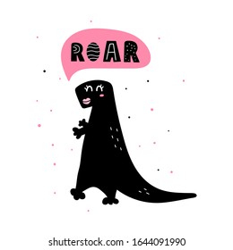 Cute dinosaur girl with speech bubble - roar. Hand drawn vector illustration for greeting card, textile, t shirt, print, stickers, posters design.