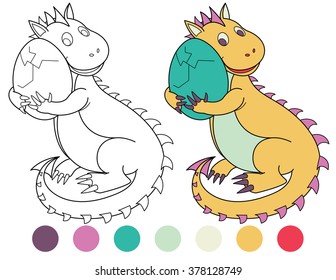 Cute dinosaur with green egg. Coloring book. Black and White outline. Great illustration for a school books and more. VECTOR. Editorial. Education. Advertising. Board.