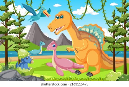 Cute dinosaur group in forest illustration