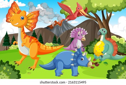 Cute dinosaur group in forest illustration