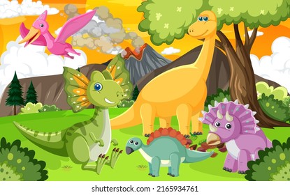 Cute dinosaur group in forest illustration