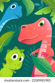 Cute Dinosaur Group in Prehistoric Nature with Palms and Trees, Friendly Dino for Kids Background Illustration. Funny adorable jurassic park greeting card. Vector colorful cartoon poster for children.