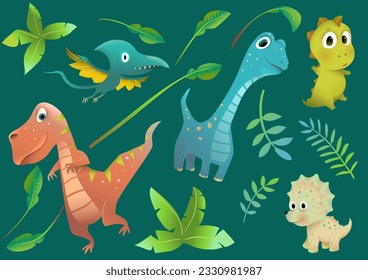 Cute Dinosaur Group in Prehistoric Nature with Palms and Trees clipart set. Dino for Kids Background Illustration. Jurassic park greeting card and clipart collection. Vector dino set for children.