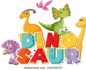 Cute dinosaur group with dinosaur word logo illustration