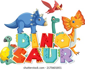 Cute dinosaur group with dinosaur word logo illustration