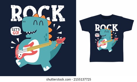 Cute dinosaur with guitar cartoon tshirt art design