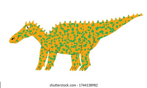 Cute dinosaur hand drawn design for shirt, mug, poster. Dino lizard with spikes. Hadrosaurus isolated on white background. Flat style drawing. Extinct reptile. Stock vector illustration.