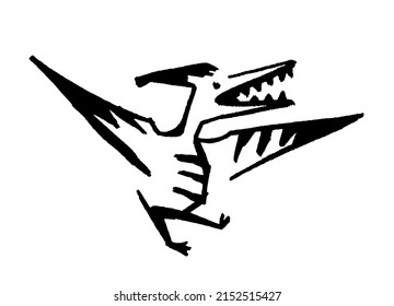 Mano de dinosaurio lindo dibujada al estilo de grunge. Caricatura de pterodáctilo. Material impreso loco y divertido