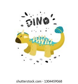 Cute dinosaur hand drawn with lettering. Dino flat vector character. Sketch reptile. Isolated cartoon illustration for kids game, book, t-shirts, banner, card, logo. 