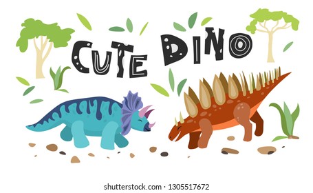 Cute dinosaur hand drawn with lettering. Dino flat vector character. Sketch reptile. Isolated cartoon illustration for kids game, book, t-shirts, banner, card, logo. 