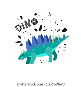 Cute dinosaur hand drawn with lettering. Dino flat vector character. Sketch reptile. Isolated cartoon illustration for kids game, book, t-shirts, banner, card, logo. 
