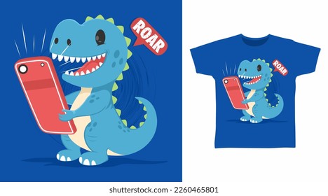 Cute dinosaur with hand phone cartoon tshirt arts designs