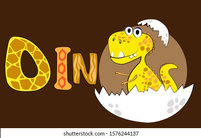 
Cute dinosaur hatched from eggs and lettering Dino. Place for simple text. Postcard, poster, composition for t-shirts, print in the style of hand-drawn