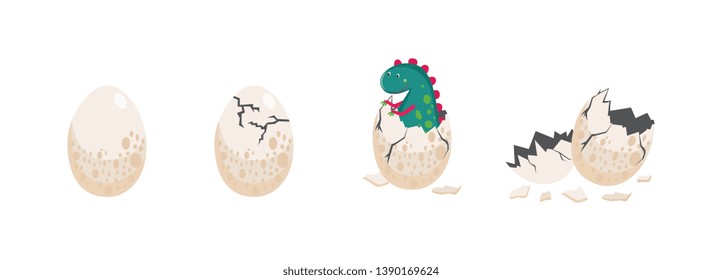 A cute dinosaur hatching from an egg and egg in different stages of crashing vector illustration isolated on white background. Birth of little prehistoric reptile item.