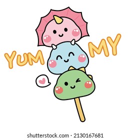 Cute of dinosaur head dango cartoon.Japanese dessert.Asian food.Animal character design.Yummy.Kawaii.Vector.Illustration.