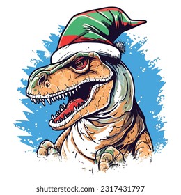 cute dinosaur head in a red christmas santa hat, Christmas tree branch, cones, white background, bright color, watercolor illustration