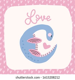 Cute dinosaur with heart. Nursery decor, wall decor, postcard, Valentine's greeting card design. Stickers, children art.