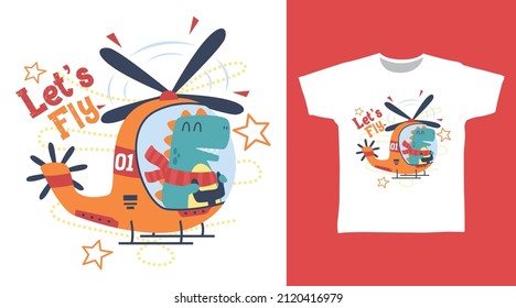 Cute dinosaur in helicopter cartoon tee designs concept