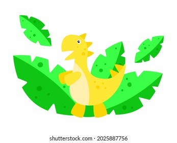 A cute dinosaur is hiding in the bushes. Illustration for baby products. For printing on paper. Vector graphics. White background. Large green leaves. Bright design.