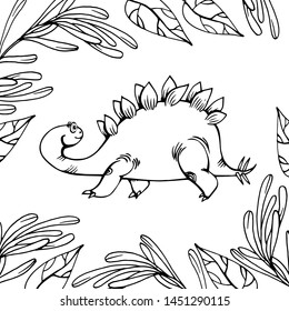 Cute dinosaur hiding in the grass, hand drawing, coloring book for kids on white background