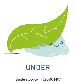 Cute Dinosaurier verstecken sich unter dem Blatt, lernt Präposition Vektor einzeln. Vorschulerziehung, Studienposition des Objekts. Sonniger Dino und grüne Pflanze.