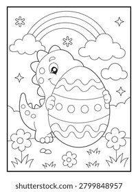 Cute Dinosaur Holding Giant Easter Egg Coloring Sheet for Kids. Cartoon Animal Character Illustration