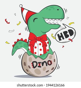 Cute dinosaur holding a gift box in egg on isolated background illustration vector, Dino birthday Card.