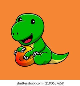 Cute Dinosaur Holding Meteorite Cartoon Vector Icon Illustration. Flat Cartoon Concept
