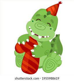 The cute dinosaur is holding the number one. Illustration for the first birthday. 
Cake topper print. Vector illustration isolate. Print for T-shirts and sweatshirts.