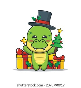 Cute dinosaur holding star and christmas tree. Cute christmas cartoon illustration.